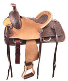 12" Double T hard seat roper style saddle with basketweave and feather tooling. - Country Scene Saddlery and Pet Supplies