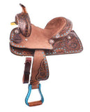 12"Double T  Youth hard seat barrel style saddle with turquoise buckstitch trim ~ - Country Scene Saddlery and Pet Supplies