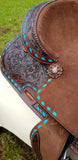 12"Double T  Youth hard seat barrel style saddle with turquoise buckstitch trim ~ - Country Scene Saddlery and Pet Supplies