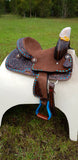 12"Double T  Youth hard seat barrel style saddle with turquoise buckstitch trim ~ - Country Scene Saddlery and Pet Supplies