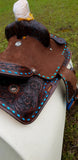 12"Double T  Youth hard seat barrel style saddle with turquoise buckstitch trim ~ - Country Scene Saddlery and Pet Supplies