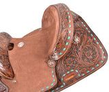12"Double T  Youth hard seat barrel style saddle with turquoise buckstitch trim ~ - Country Scene Saddlery and Pet Supplies