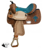 New! 13" Double T Barrel style saddle with teal snake print seat and cross inlay. - Country Scene Saddlery and Pet Supplies