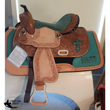 New! 13" Double T Barrel style saddle with teal snake print seat and cross inlay. - Country Scene Saddlery and Pet Supplies