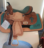 New! 13" Double T Barrel style saddle with teal snake print seat and cross inlay. - Country Scene Saddlery and Pet Supplies