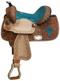 New! 13" Double T Barrel style saddle with teal snake print seat and cross inlay. - Country Scene Saddlery and Pet Supplies