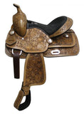 13" Fully tooled Double T youth saddle with suede leather seat. - Country Scene Saddlery and Pet Supplies