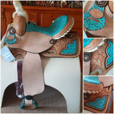14", 15", 16" Double T Barrel Style Saddle with Filigree Print Seat. - Country Scene Saddlery and Pet Supplies