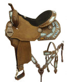 14", 15", 16" Double T style barrel saddle set with metallic painted feathers and beaded inlay - Country Scene Saddlery and Pet Supplies