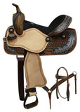 14", 15" Double T barrel style saddle with oak leaf tooled design. - Country Scene Saddlery and Pet Supplies