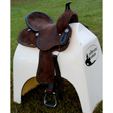 New! 14", 15" Double T Barrel style saddle with Oiled Rough out leather, Teal buckstitch accents and flower conchos. - Country Scene Saddlery and Pet Supplies