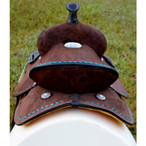 New! 14", 15" Double T Barrel style saddle with Oiled Rough out leather, Teal buckstitch accents and flower conchos. - Country Scene Saddlery and Pet Supplies