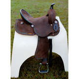 New! 14", 15" Double T Barrel style saddle with Oiled Rough out leather, Teal buckstitch accents and flower conchos. - Country Scene Saddlery and Pet Supplies