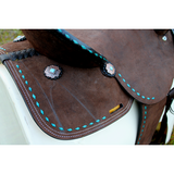14’’ 15’’ Double T Barrel style saddle with Oiled Rough out leather Teal buckstitch accents and flower conchos.