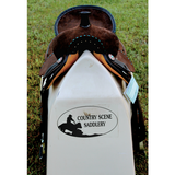 New! 14", 15" Double T Barrel style saddle with Oiled Rough out leather, Teal buckstitch accents and flower conchos. - Country Scene Saddlery and Pet Supplies
