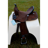 New! 14", 15" Double T Barrel style saddle with Oiled Rough out leather, Teal buckstitch accents and flower conchos. - Country Scene Saddlery and Pet Supplies
