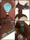 15", 16" Circle S Barrel Style Saddle with turquoise leather laced arrow trim. - Country Scene Saddlery and Pet Supplies