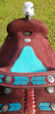 15", 16" Circle S Barrel Style Saddle with turquoise leather laced arrow trim. - Country Scene Saddlery and Pet Supplies