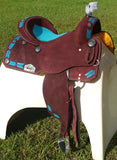 15", 16" Circle S Barrel Style Saddle with turquoise leather laced arrow trim. - Country Scene Saddlery and Pet Supplies