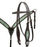15", 16" Double T barrel saddle set with teal filigree inlay. - Country Scene Saddlery and Pet Supplies