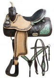 15", 16" Double T barrel saddle set with teal filigree inlay. - Country Scene Saddlery and Pet Supplies