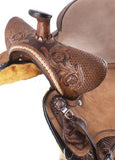 15" Double T Basket weave and Floral Tooled Barrel Style Saddle. - Country Scene Saddlery and Pet Supplies