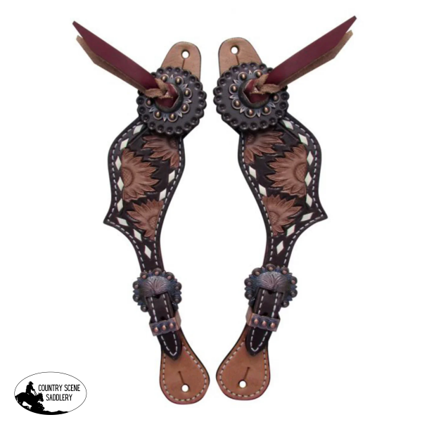 New! 30923 Ladies Sunflower Tooled Spur Straps with backstitch trim Nylon/Synthetic Headstalls