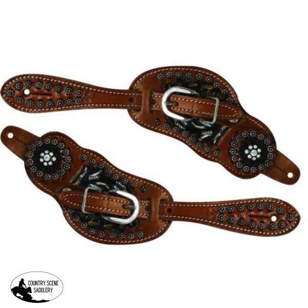 New! 9092 Painted Floral Tooled Spur Straps with Crystal Conchos Filigree / Painted / Print Spur Straps