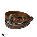 Chocolate brown hand carved leather belt with white and turquoise plaited insert and antique buckle