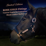 Leather Halter - Rose Gold Fittings with Engraved Horse Nameplate - Country Scene Saddlery and Pet Supplies