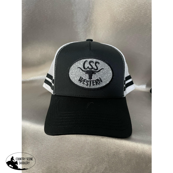 New! Bling Css Western Caps Black/White With Silver Metallic Thread