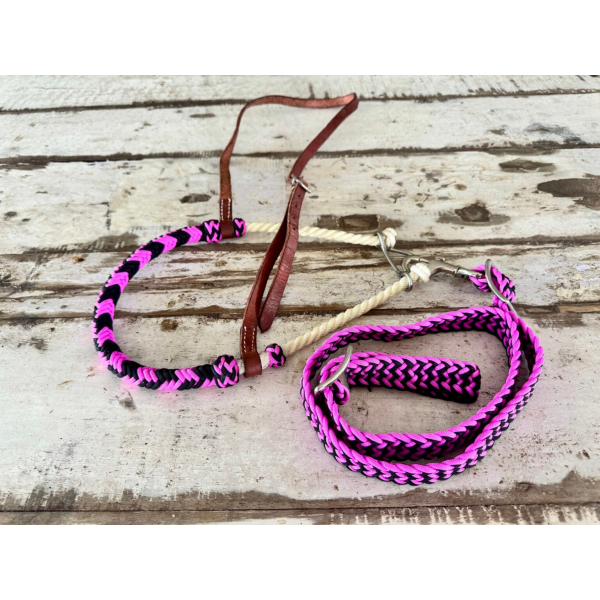 New! Braided Nylon Rope Noseband and Nylon Tie Down- Pink spur strap