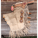 New! CH-13 Showman ® Sand Color suede chinks with Sunflower and basket Stamp tooling. - Country Scene Saddlery and Pet Supplies