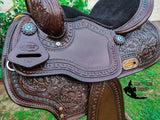 CSSB06 Chocolate Floral Tooled Barrel Saddle - Country Scene Saddlery and Pet Supplies