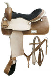Double T Barrel saddle set with basket weave tooling. - Country Scene Saddlery and Pet Supplies
