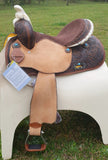 14", 15", 16" Double T barrel saddle with silver laced tan rawhide cantle, dot border on rough out fenders and jockeys. - Country Scene Saddlery and Pet Supplies