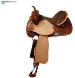 14", 15", 16" Double T barrel saddle with silver laced tan rawhide cantle, dot border on rough out fenders and jockeys. - Country Scene Saddlery and Pet Supplies