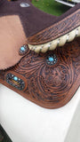 14", 15", 16" Double T barrel saddle with silver laced tan rawhide cantle, dot border on rough out fenders and jockeys. - Country Scene Saddlery and Pet Supplies
