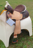 14", 15", 16" Double T barrel saddle with silver laced tan rawhide cantle, dot border on rough out fenders and jockeys. - Country Scene Saddlery and Pet Supplies