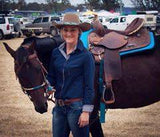 14", 15", 16" Double T barrel saddle with silver laced tan rawhide cantle, dot border on rough out fenders and jockeys. - Country Scene Saddlery and Pet Supplies