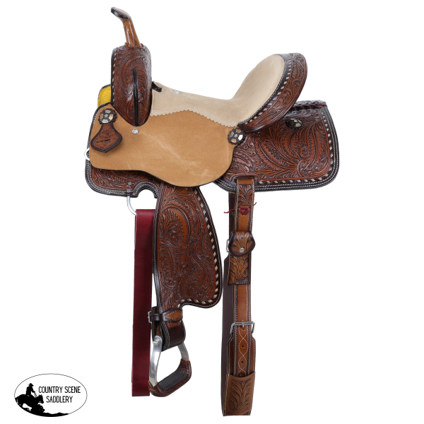 New! Double T Feathered Buckskin Barrel Style Saddle - 15 Inch 15 inch Barrel Saddle
