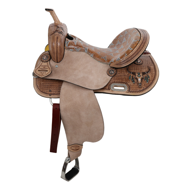New! Double T Weathered Steer Barrel Style Saddle - 15 Inch
