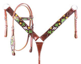 Hand Painted Steer Skull and Cactus Headstall and Breast collar Set. - Country Scene Saddlery and Pet Supplies