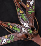 Hand Painted Steer Skull and Cactus Headstall and Breast collar Set. - Country Scene Saddlery and Pet Supplies