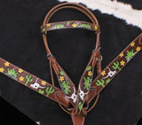 Hand Painted Steer Skull and Cactus Headstall and Breast collar Set. - Country Scene Saddlery and Pet Supplies