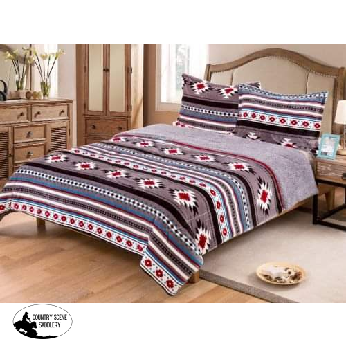 King Size 3 Pc Borrego Comforter Set With Southwest Design. Grey And Red