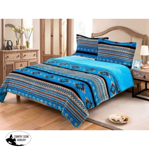 King Size 3 Pc Borrego Comforter Set With Southwest Design. Turquoise