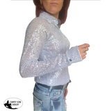 New! L1473 - Opal Ladies White Sparkle Stretch Western Shirt - Country Scene Saddlery and Pet Supplies