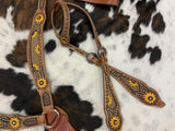 Leather browband headstall with beaded sunflower design. - Country Scene Saddlery and Pet Supplies