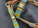 Leather browband headstall with beaded sunflower design. - Country Scene Saddlery and Pet Supplies